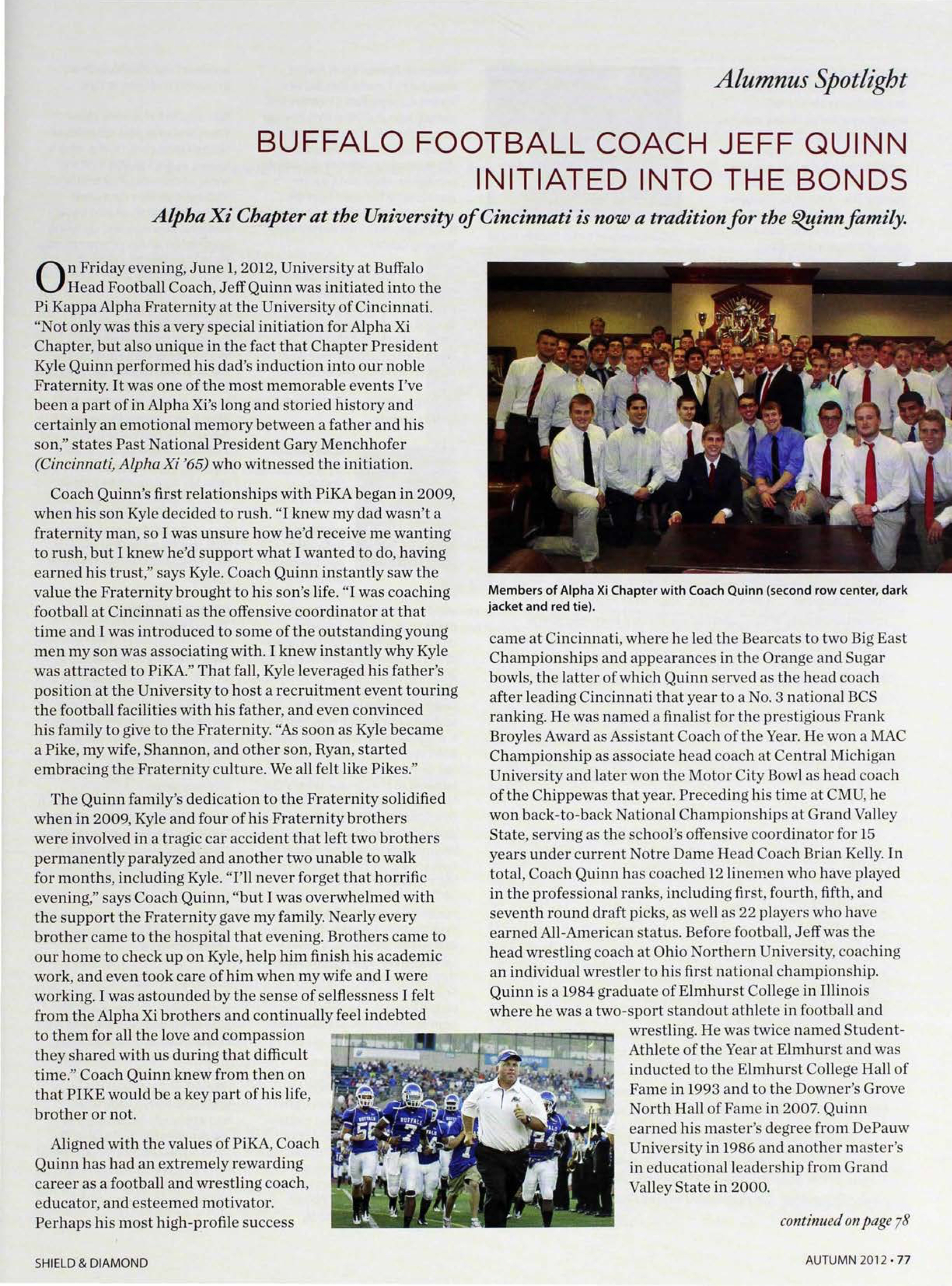 Alumnus Spotlight: Buffalo Football Coach Jeff Quinn Initiated Into The Bonds, Autumn 2012